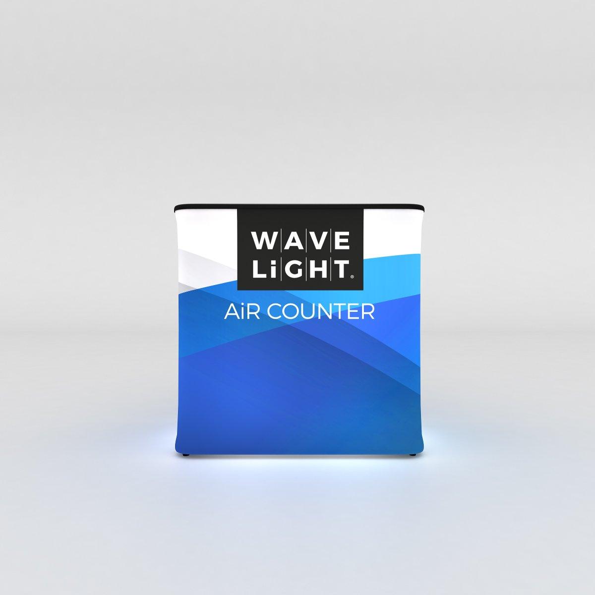 Compact curved trade show counter with Wave Light branding for exhibitions and special events