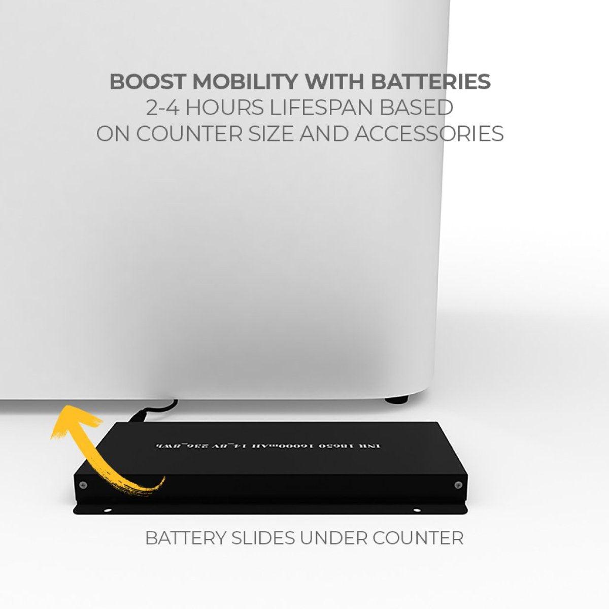 Portable lithium battery sliding under trade show counter for 2-4 hour event power