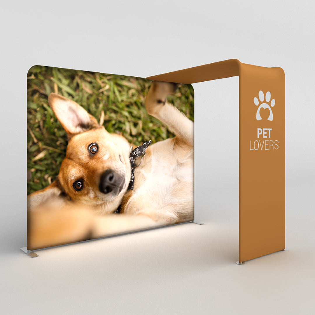 Trade show canopy with large pet-themed graphic and curved exhibition display for special events
