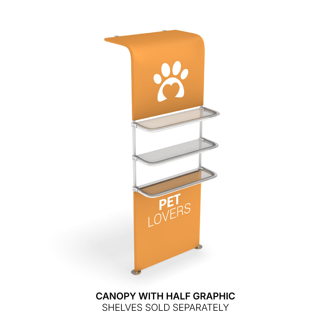 Trade show canopy display with three shelves and pet-themed branding for exhibitions and events