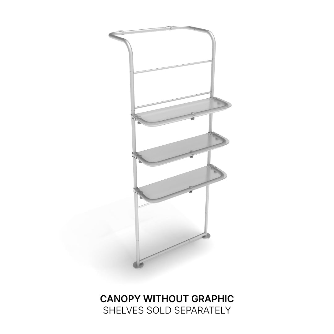 Trade show canopy frame with three shelves for exhibitions and special event displays