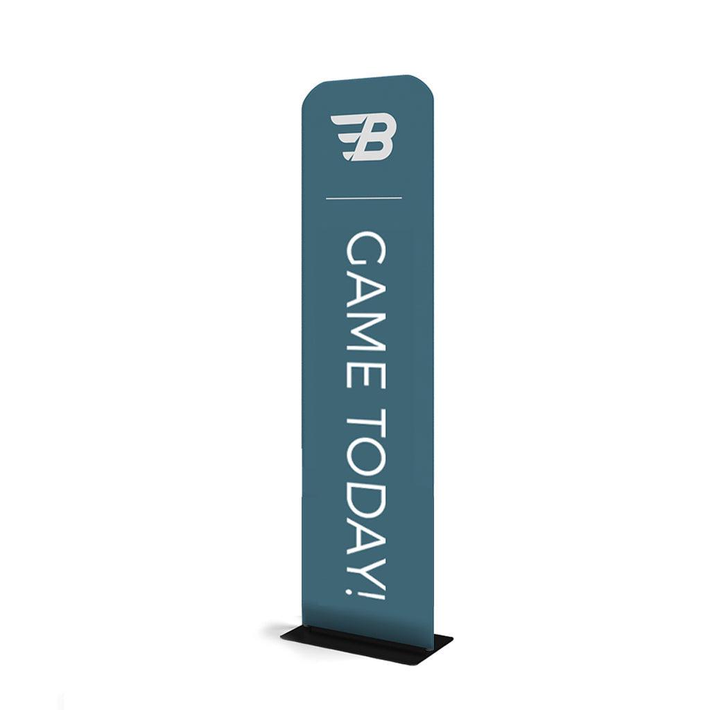 Tall rectangular banner stand with logo and 'GAME TODAY!' text for trade shows and events