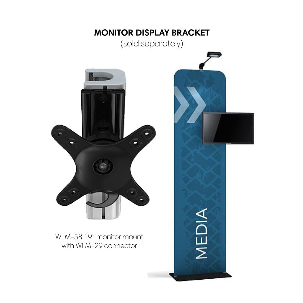 Trade show display stand with media branding featuring integrated monitor mount and bracket for exhibition use