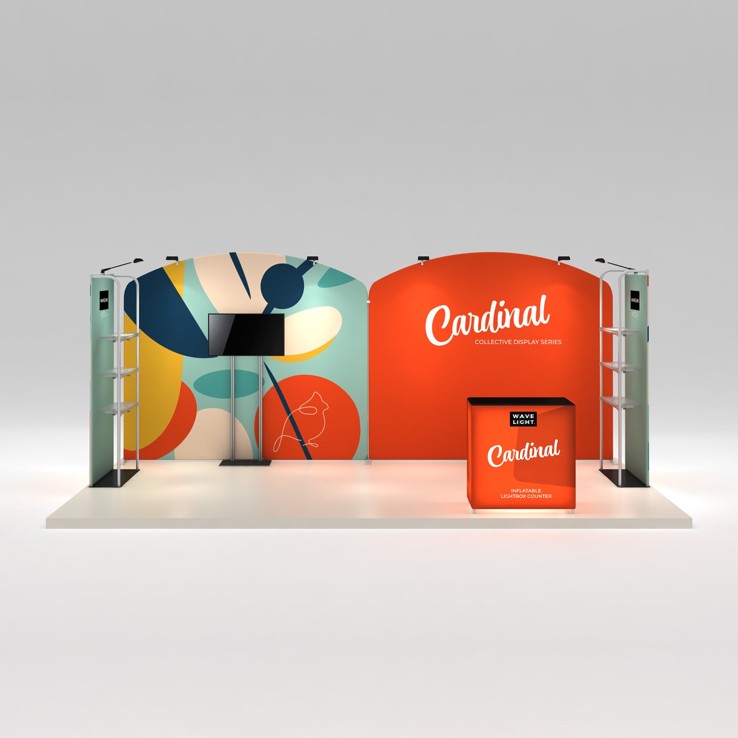 Trade show booth with curved fabric displays, monitor stand, lightbox counter, and shelving for exhibitions