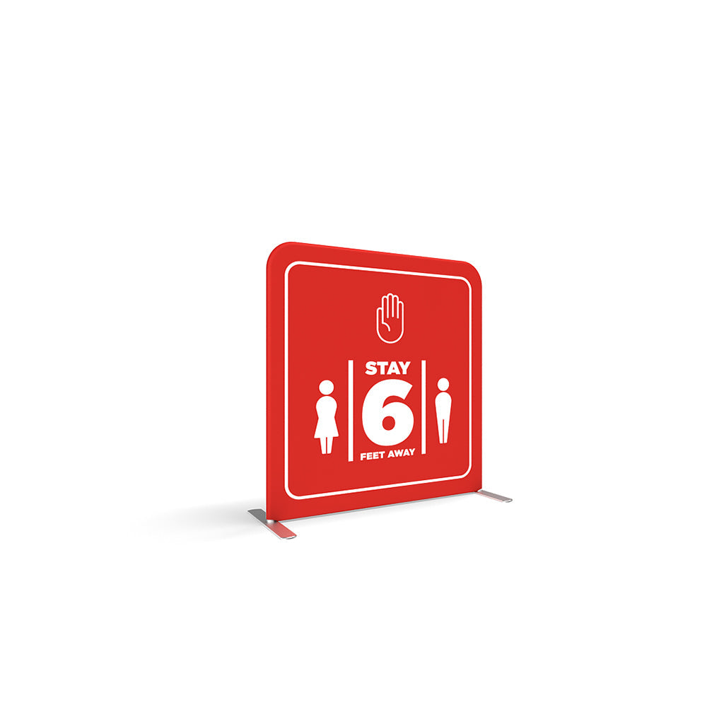 Comfort barrier partition with social distancing sign for trade shows and exhibitions