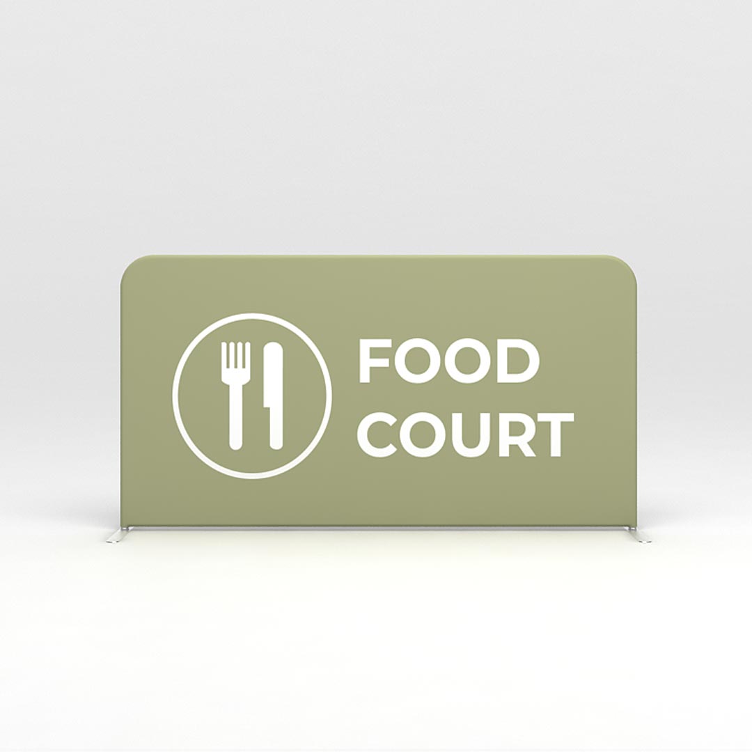Trade show barrier with food court signage and fork and knife icon for event navigation