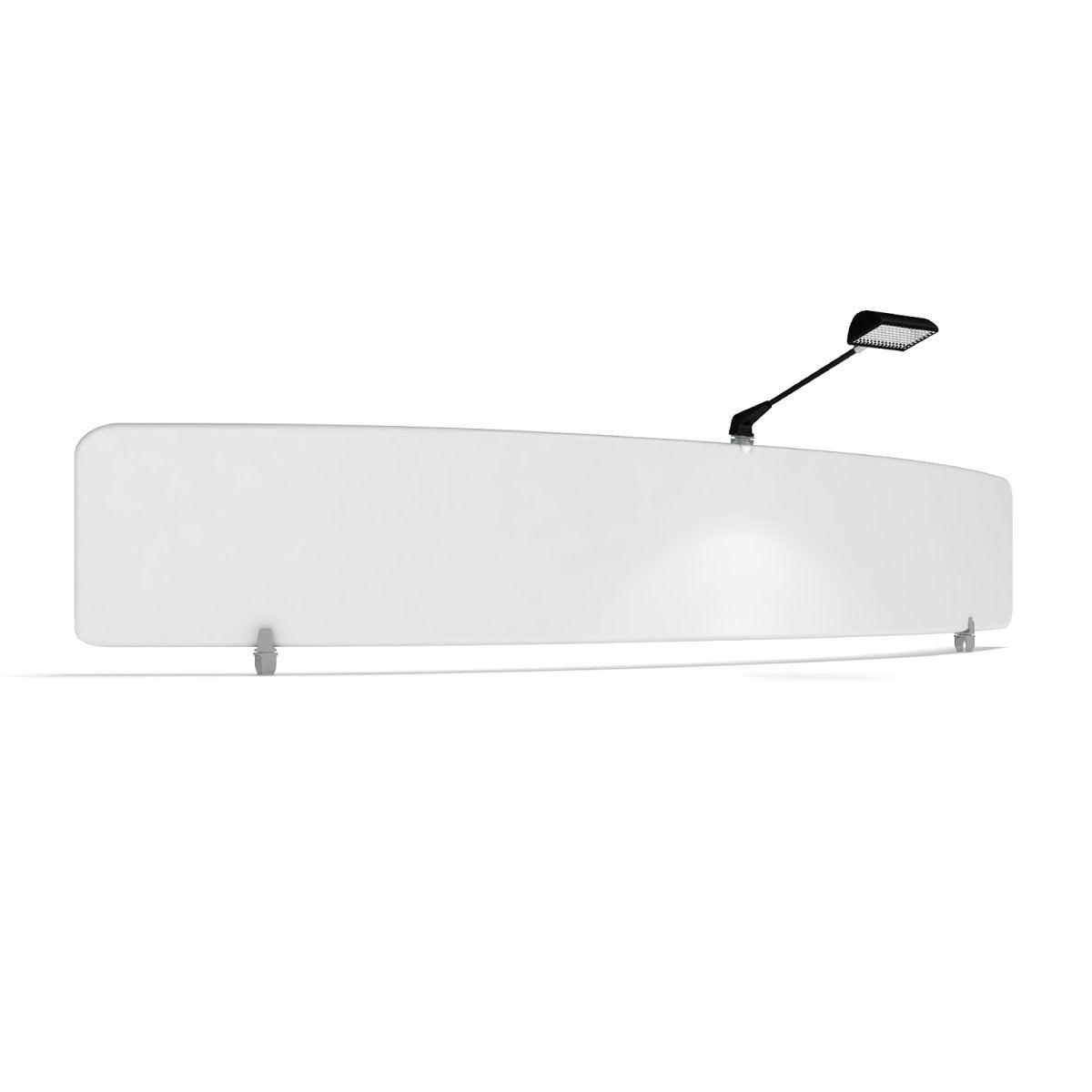 Curved trade show counter with adjustable overhead light for exhibitions and special events