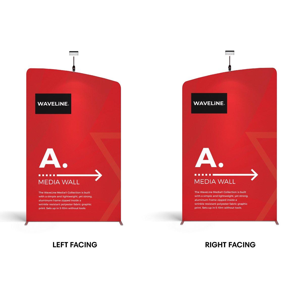 Two freestanding WaveLine Media Wall display panels showcasing trade show and exhibition signage setups