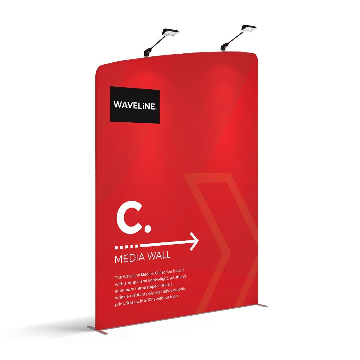 Freestanding WaveLine Media Wall trade show display with fabric graphic and lighting for exhibitions