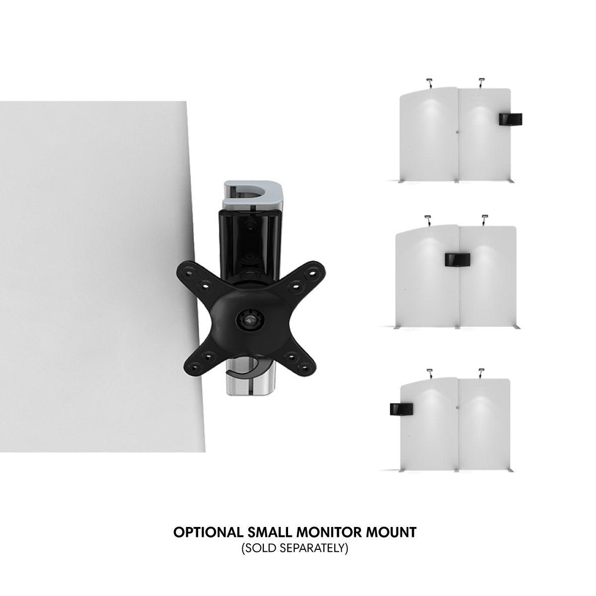 Optional small monitor mount for trade show displays showcasing different mounting positions on exhibition panels