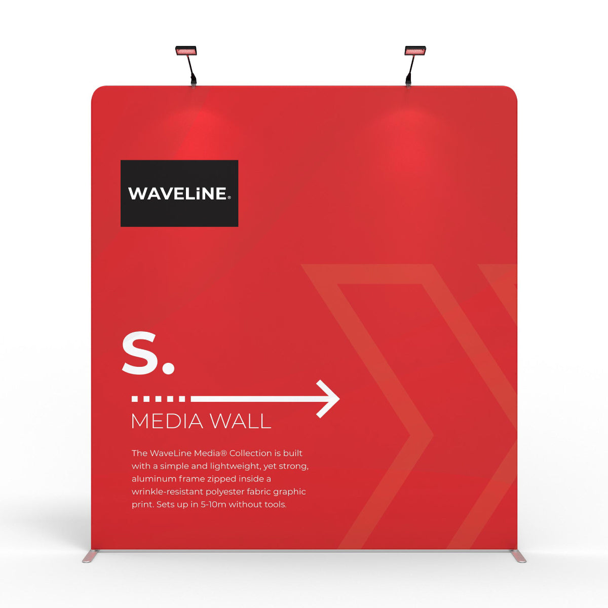 Trade show media wall with aluminum frame and wrinkle-resistant polyester fabric graphic for exhibitions