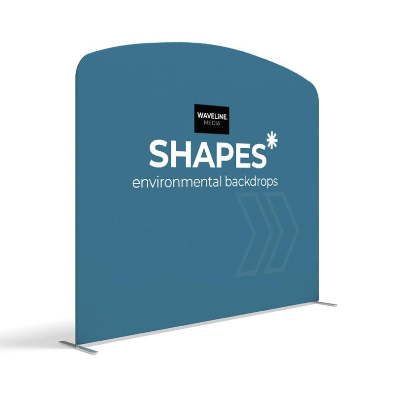 Curved trade show backdrop display with Waveline Media branding and environmental backdrops text