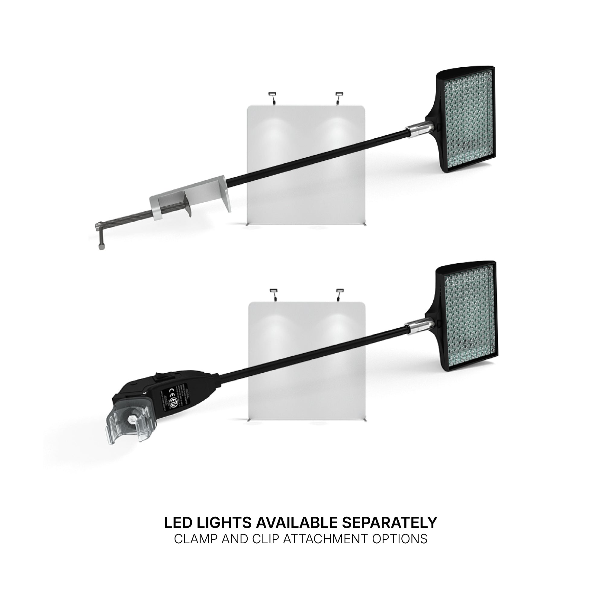 LED trade show lights with clamp and clip attachments for exhibition displays