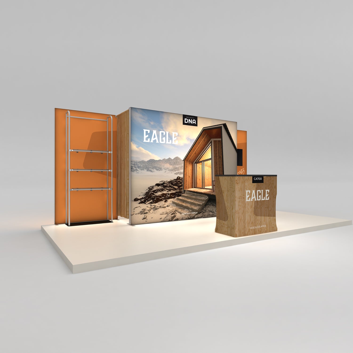 Trade show booth with large graphics and counter featuring exhibition display solutions