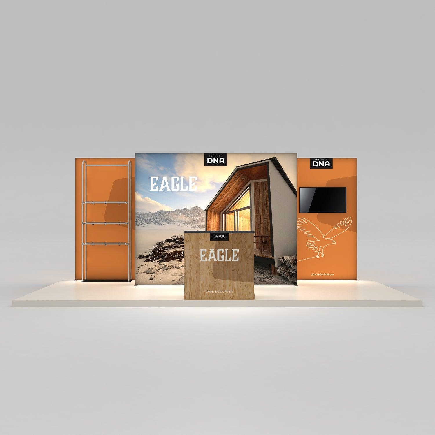 trade show exhibit with display panels featuring cabin image, TV screen, shelving, and branded counter
