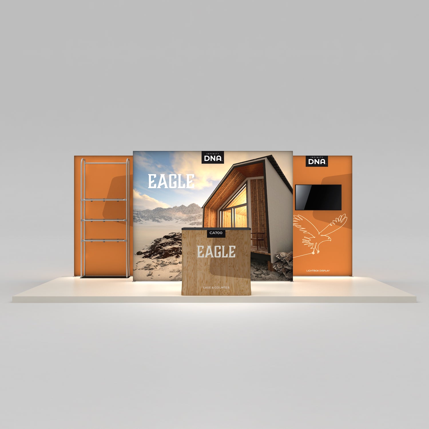 trade show exhibit with display panels featuring cabin image, TV screen, shelving, and branded counter