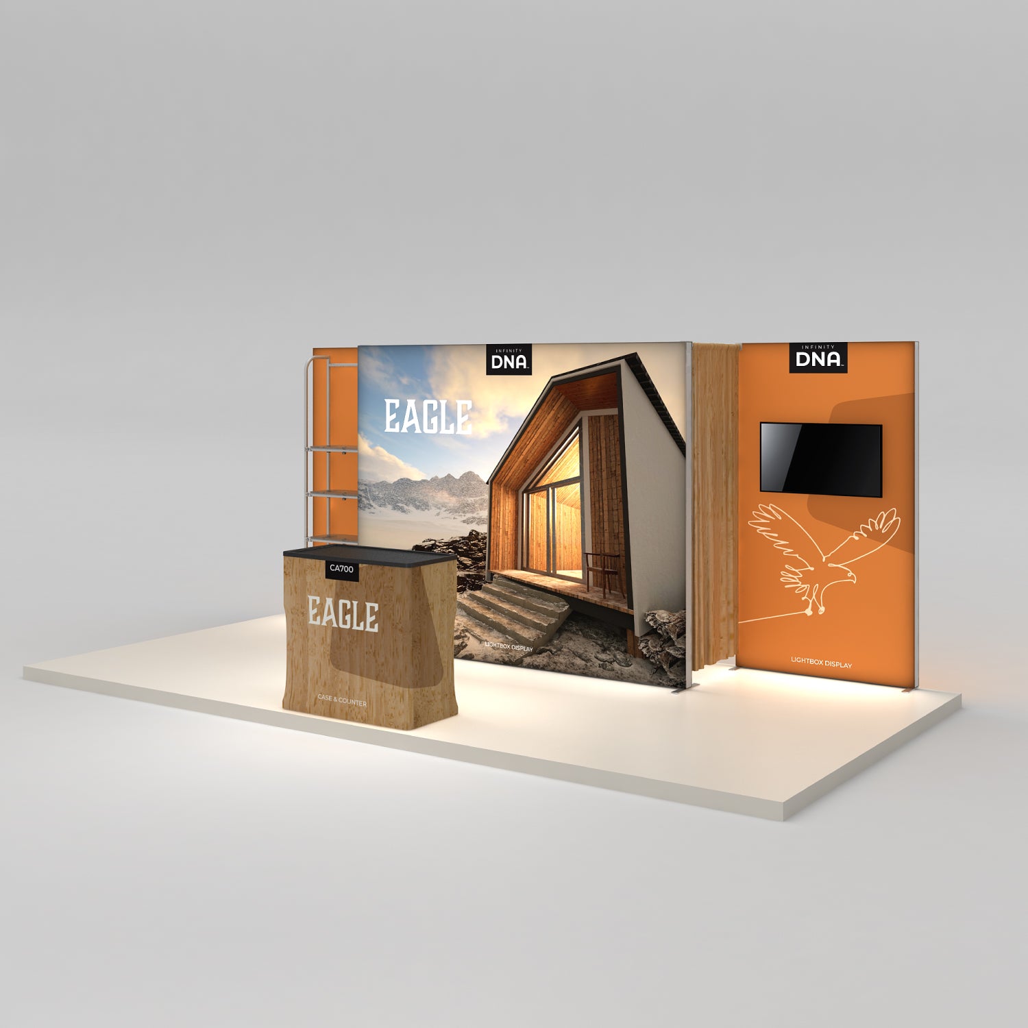 Trade show exhibit booth with modular display panels, lightbox graphics, and counter for exhibitions