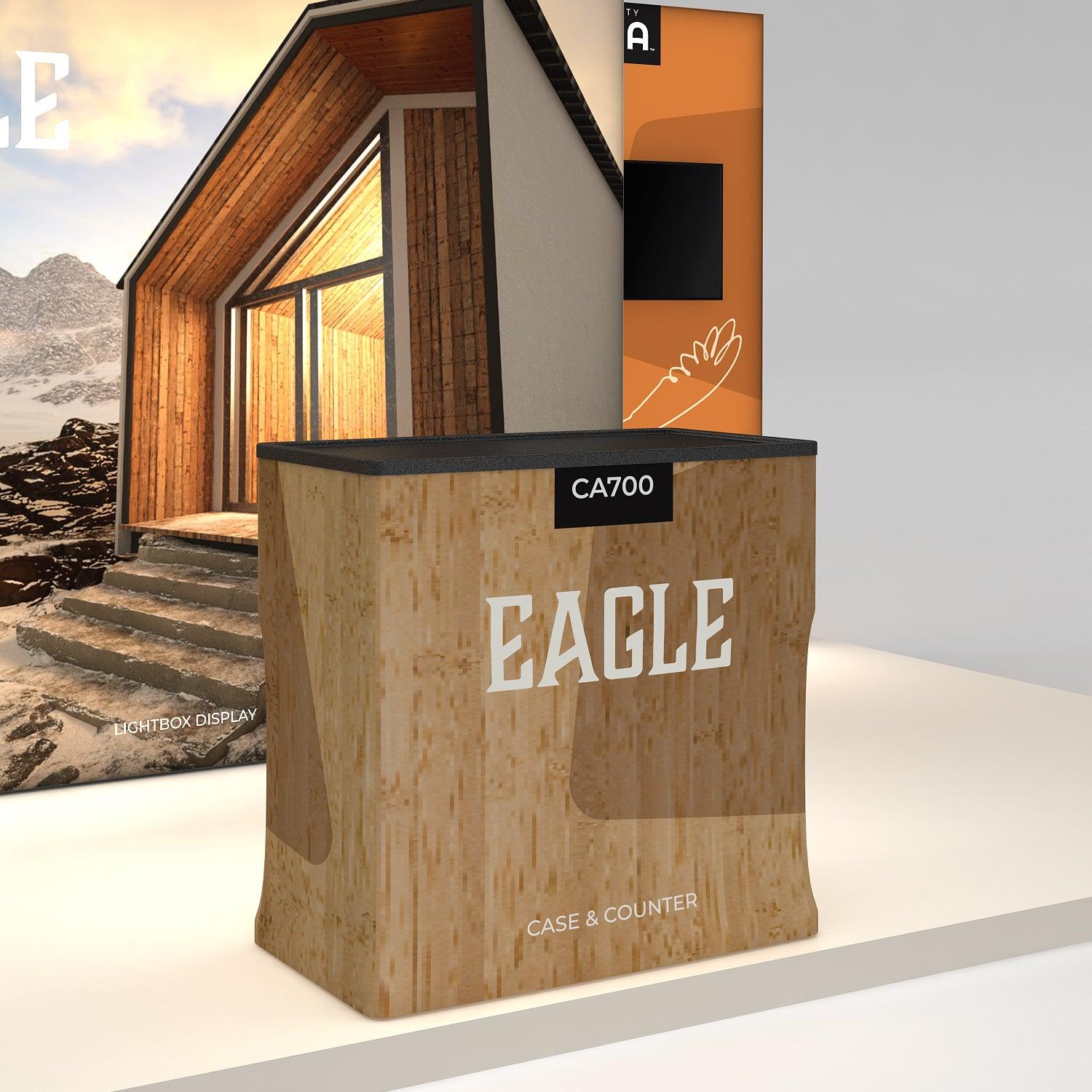 Trade show case and counter display named Eagle with printed graphics, used for exhibitions and events