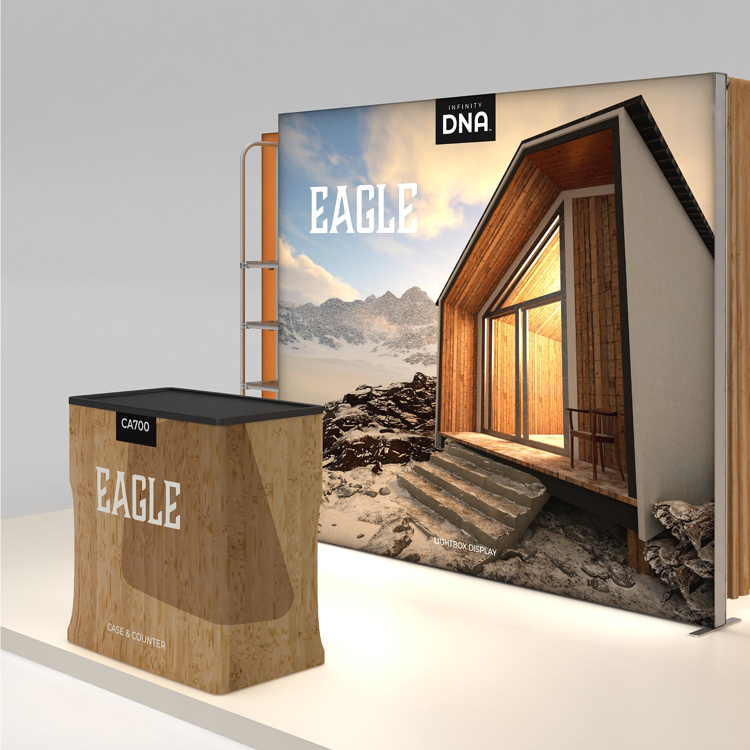 Trade show display with large graphic backdrop of a modern wooden cabin and a branded case counter for exhibitions