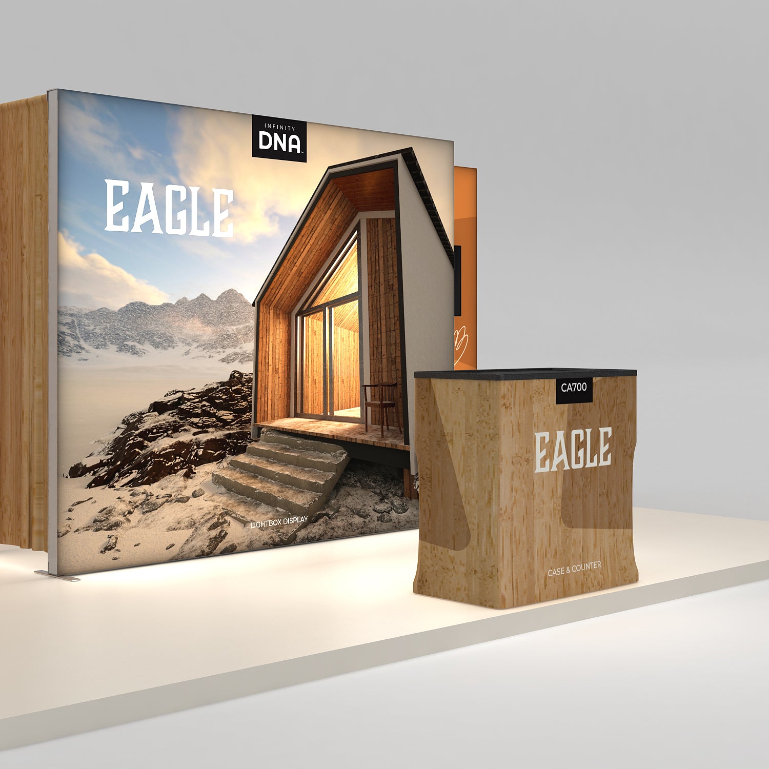 Trade show booth with large lightbox display featuring house exterior and counter case for exhibitions