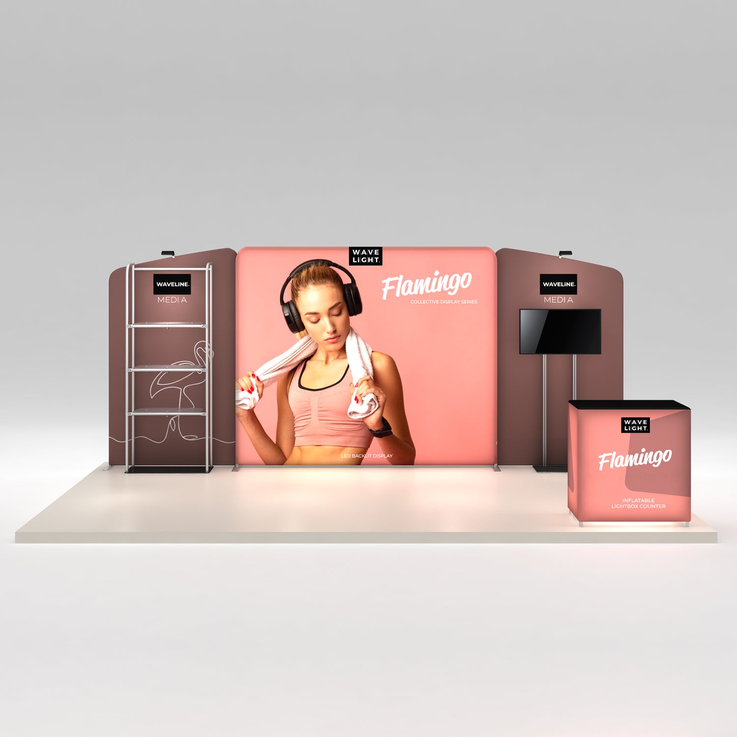 Trade show display featuring backlit fabric graphics, media screens, and an inflatable counter for exhibitions and events