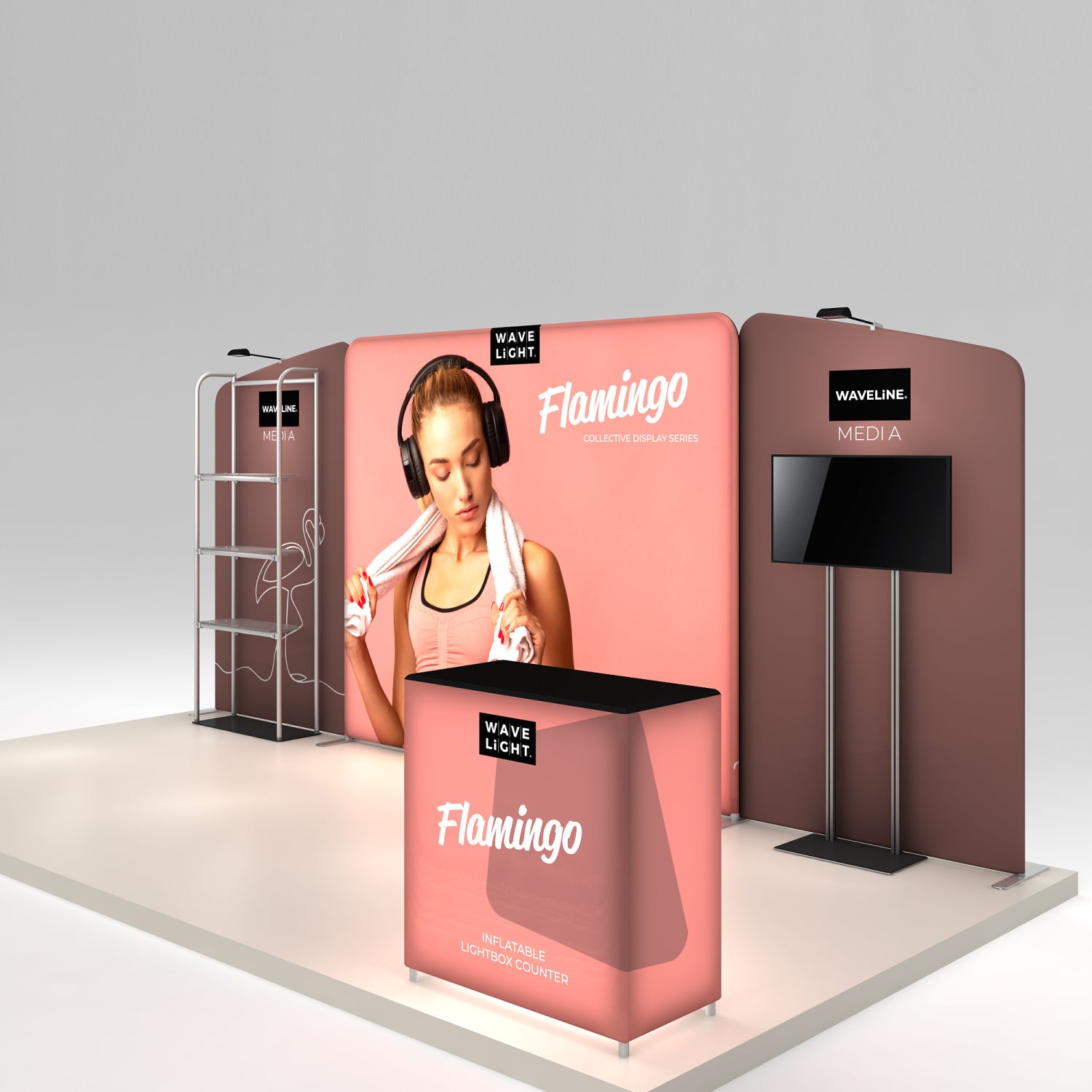 Trade show booth with Flamingo inflatable lightbox counter, backlit display wall, and media stand