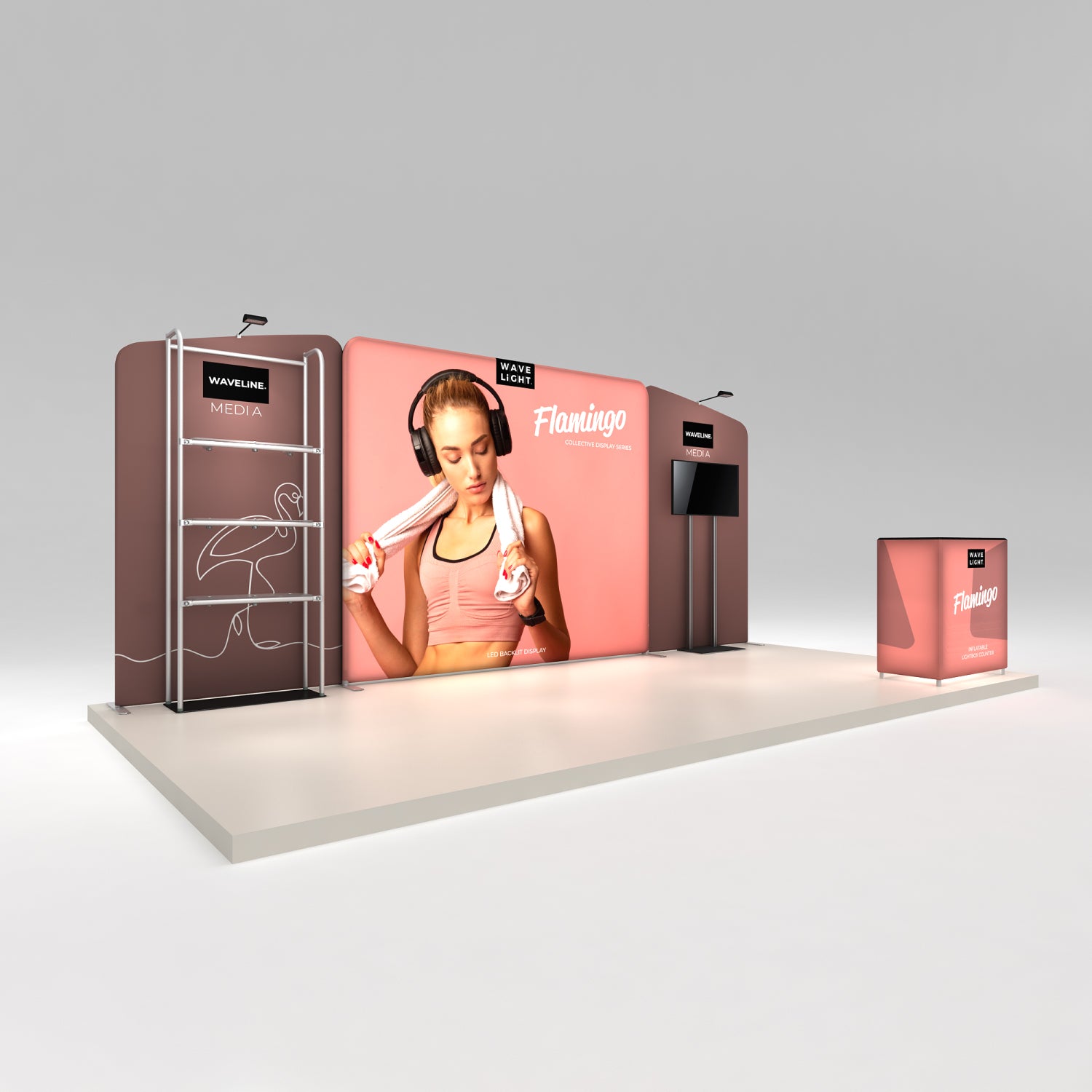 Trade show booth with large graphic panels, media display, and illuminated counter for exhibitions