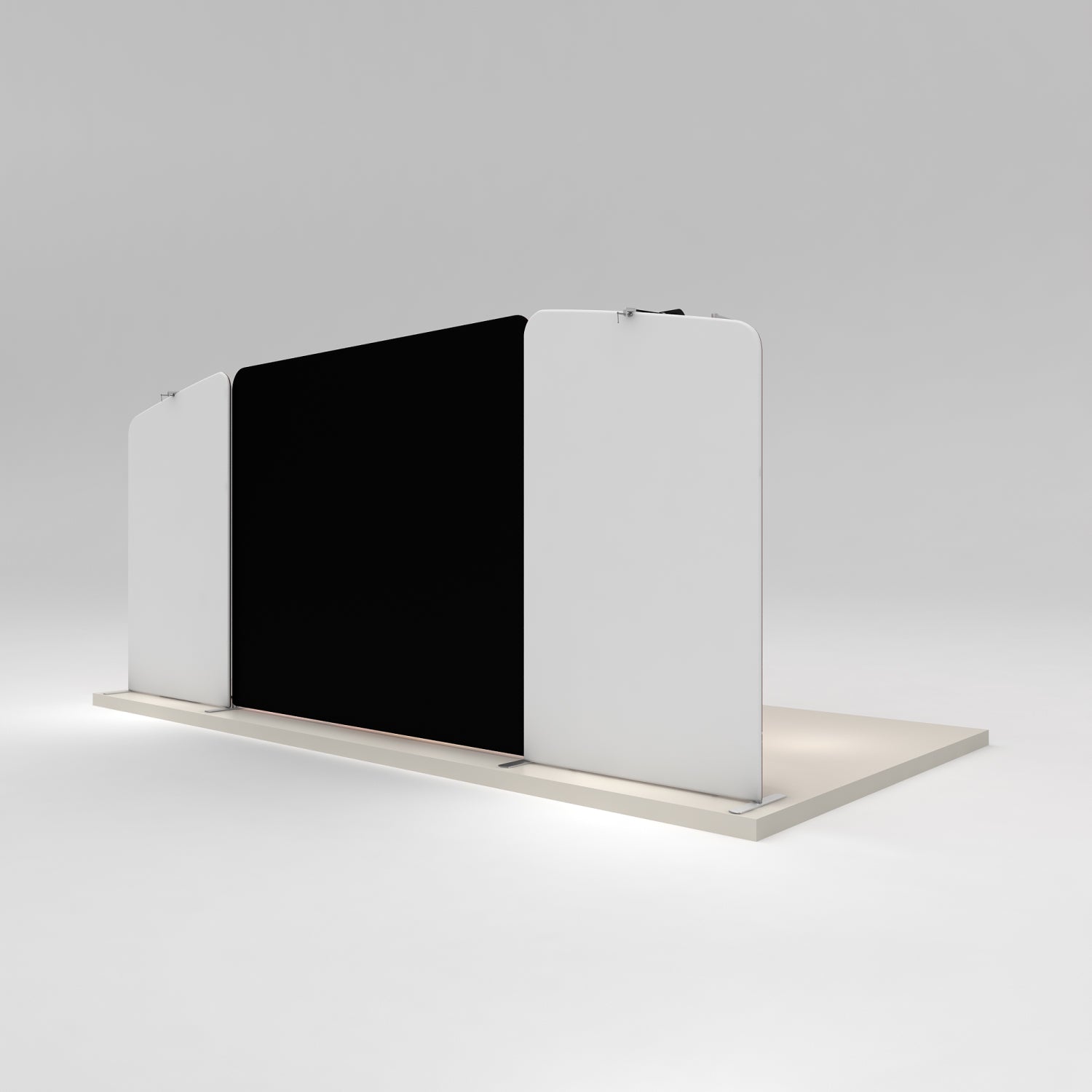 Customizable modular trade show display booth with large central panel and side walls for exhibitions