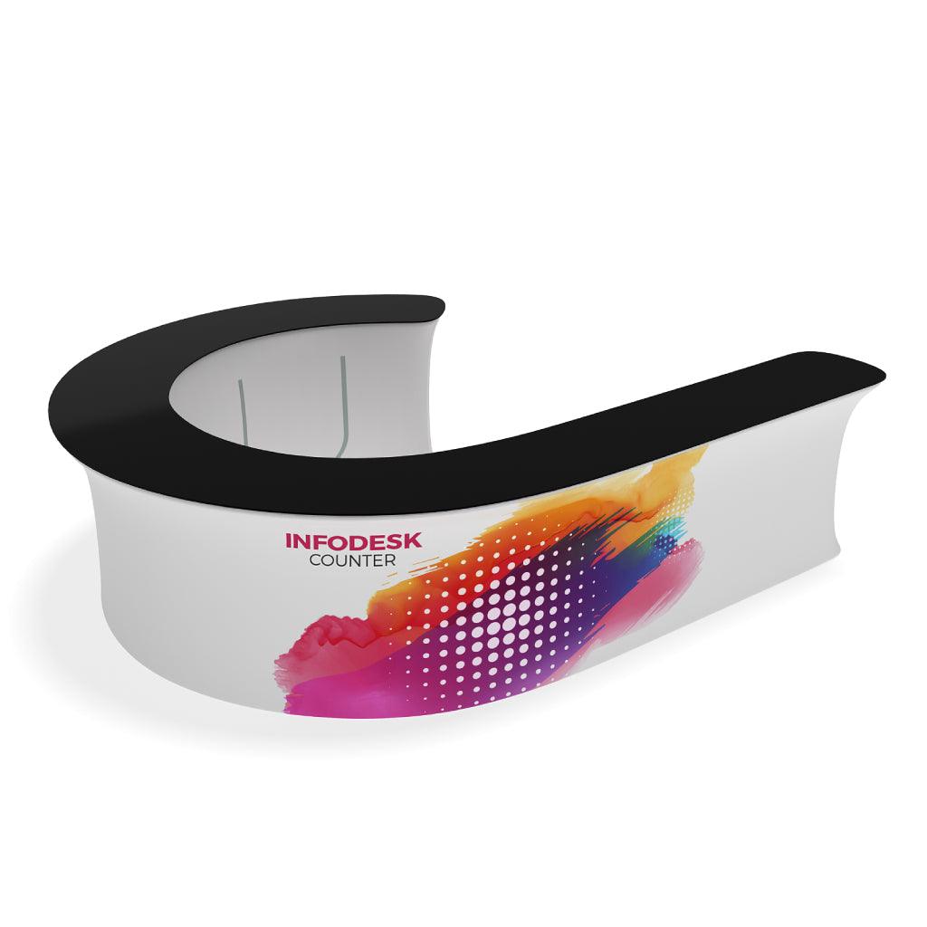 Curved infodesk counter with colorful graphic design for trade shows and exhibitions