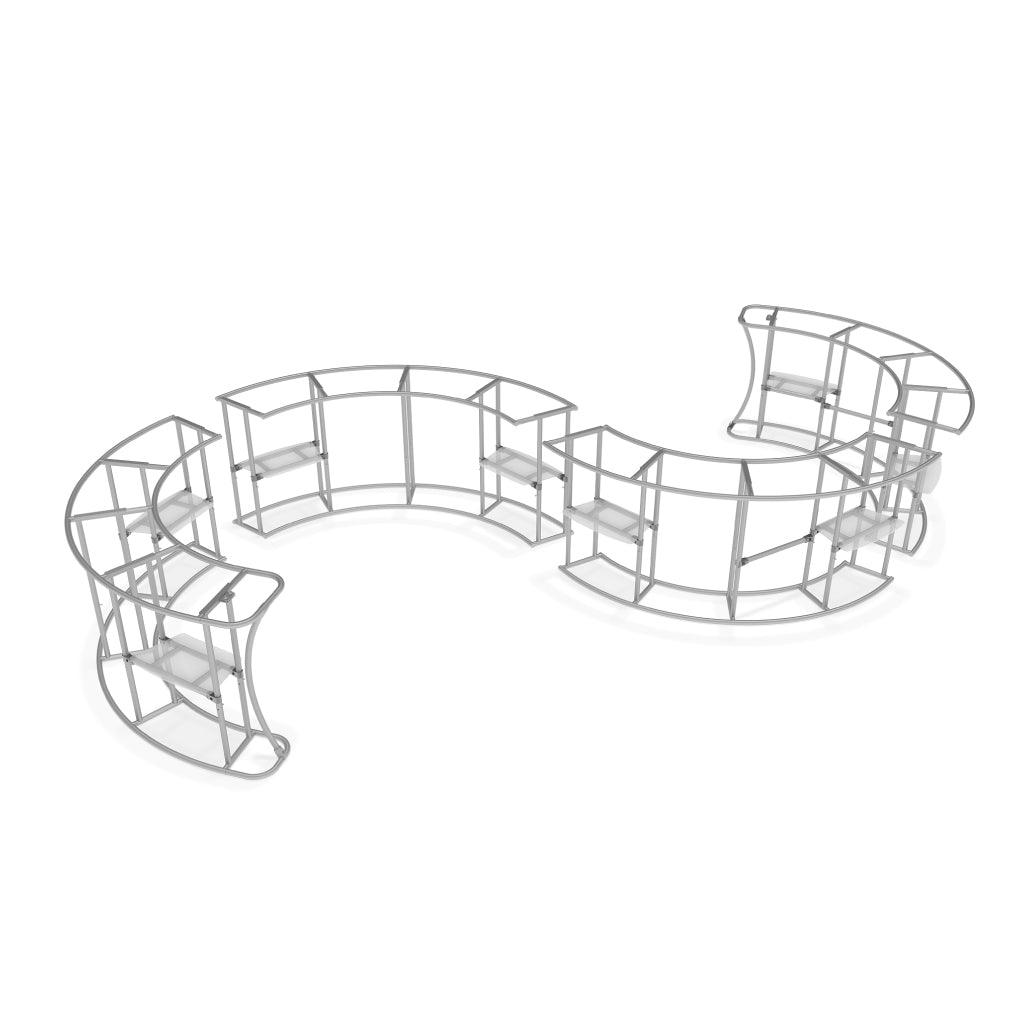 Modular curved metal frames for trade show booths and exhibition counters in a spacious setting