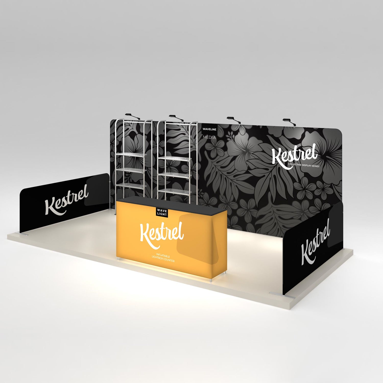 Trade show exhibition booth setup with branded backdrop, shelving units, and illuminated counter