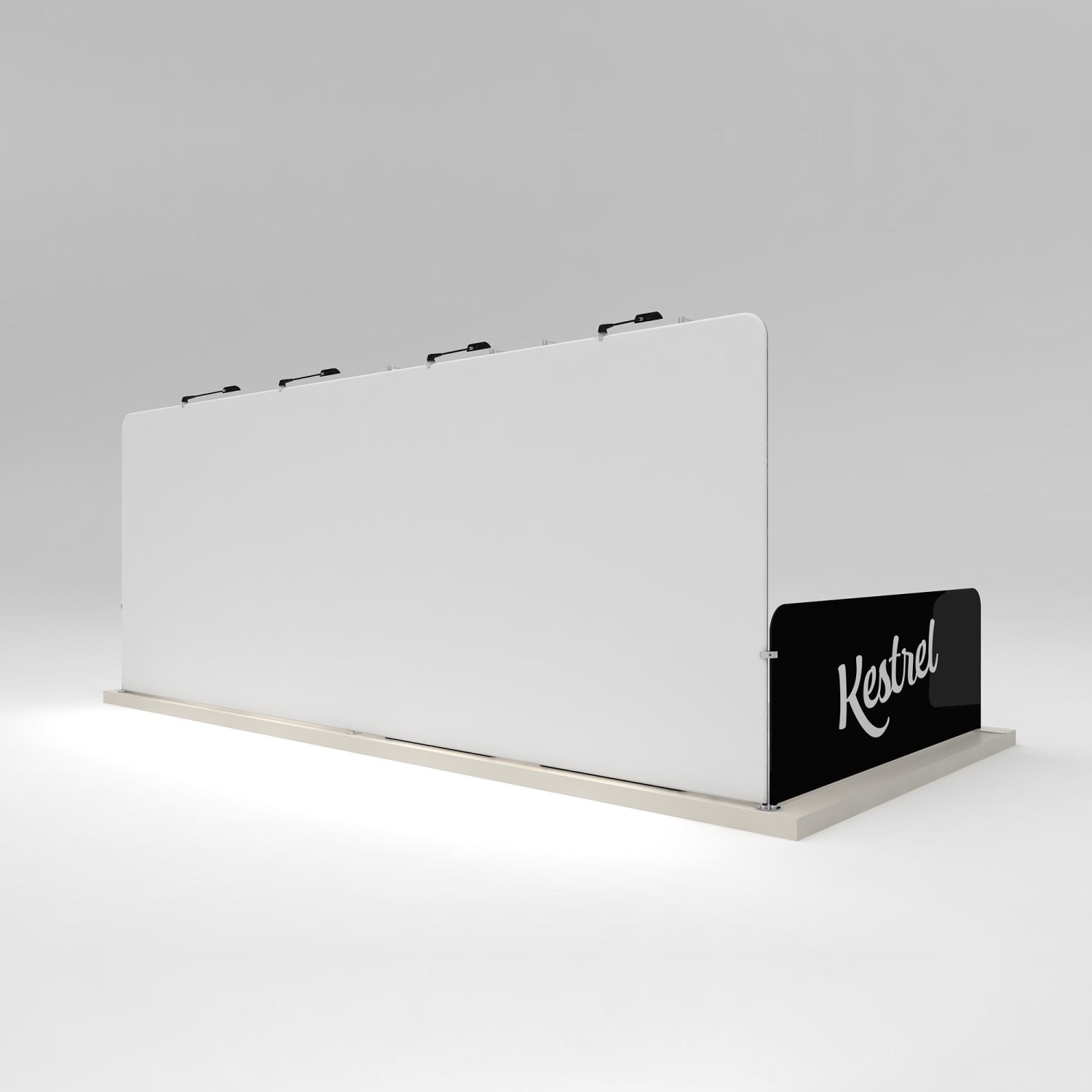 Modular trade show display wall with overhead lighting and branded end panel for exhibitions