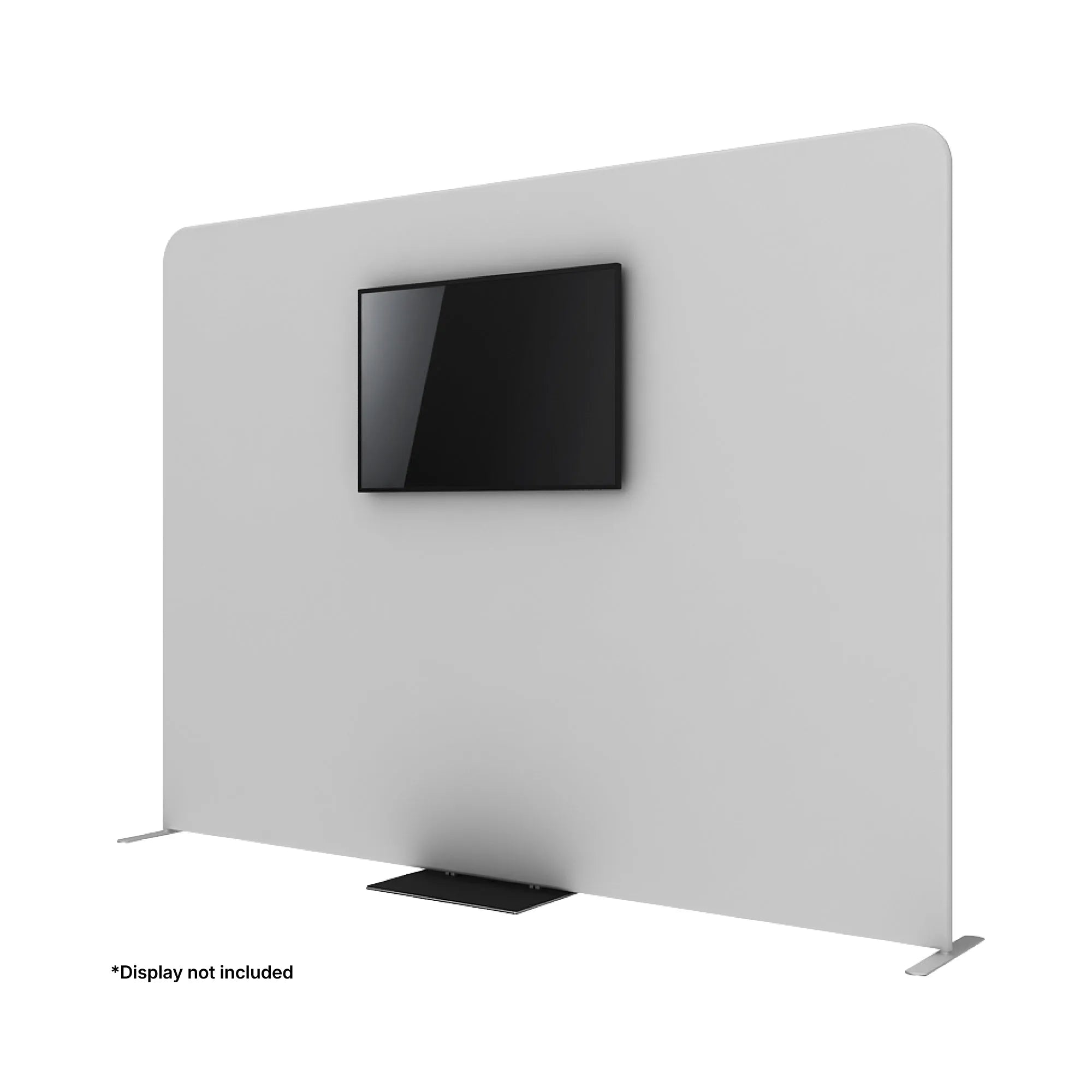 Freestanding trade show display panel with mounted TV stand for exhibitions and events