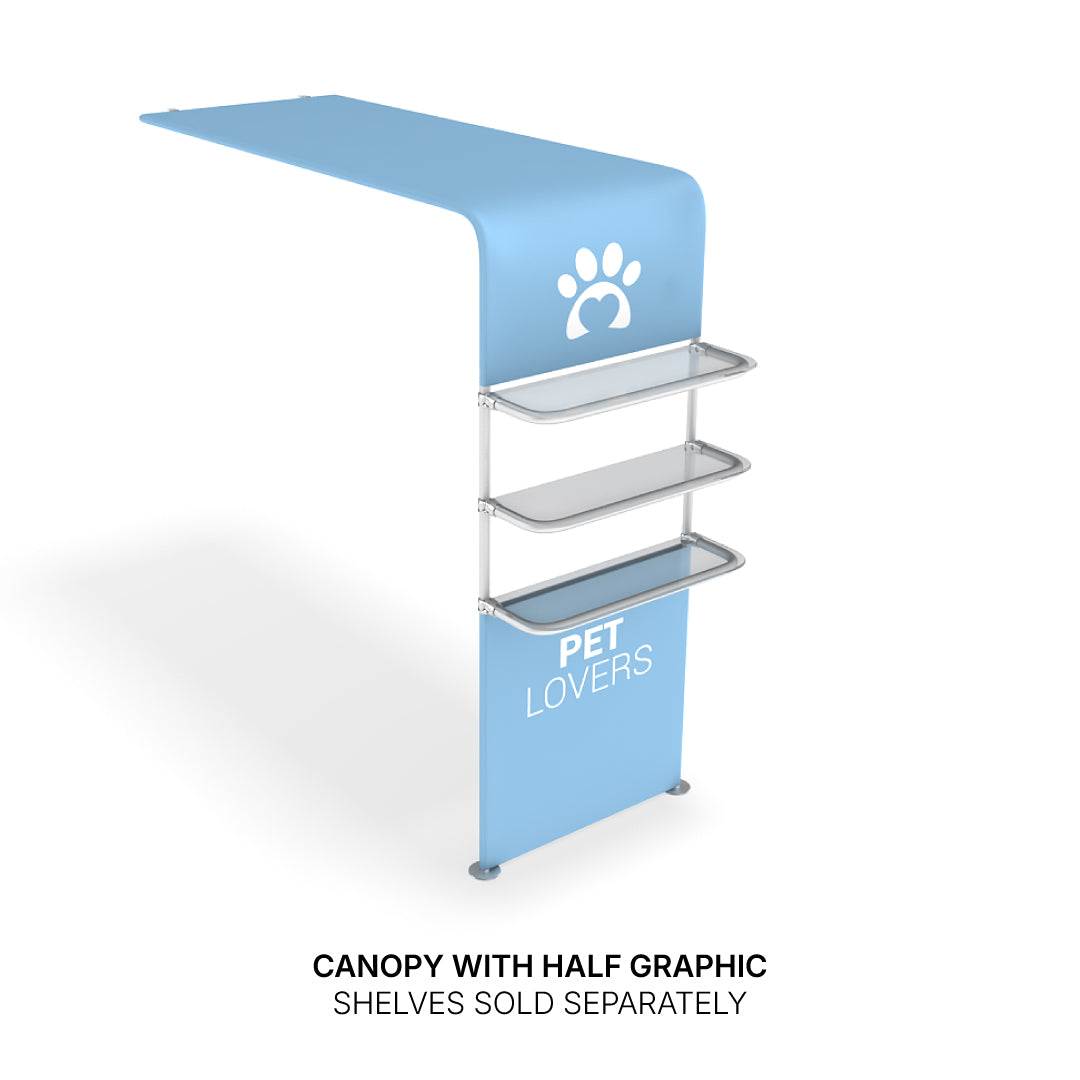 Trade show canopy with half graphic and integrated shelves for exhibitions and special event displays