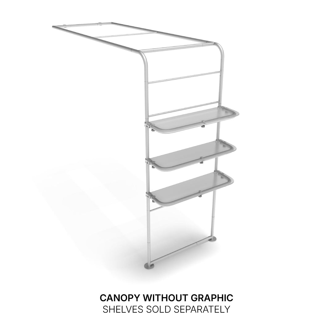 trade show canopy frame with three display shelves for exhibitions and special events