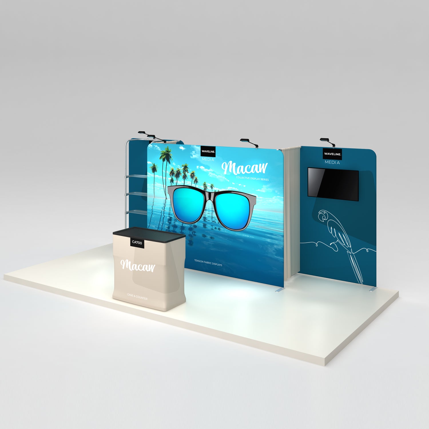 Trade show display booth with fabric tension backdrop, shelving, monitor stand, and counter for exhibitions
