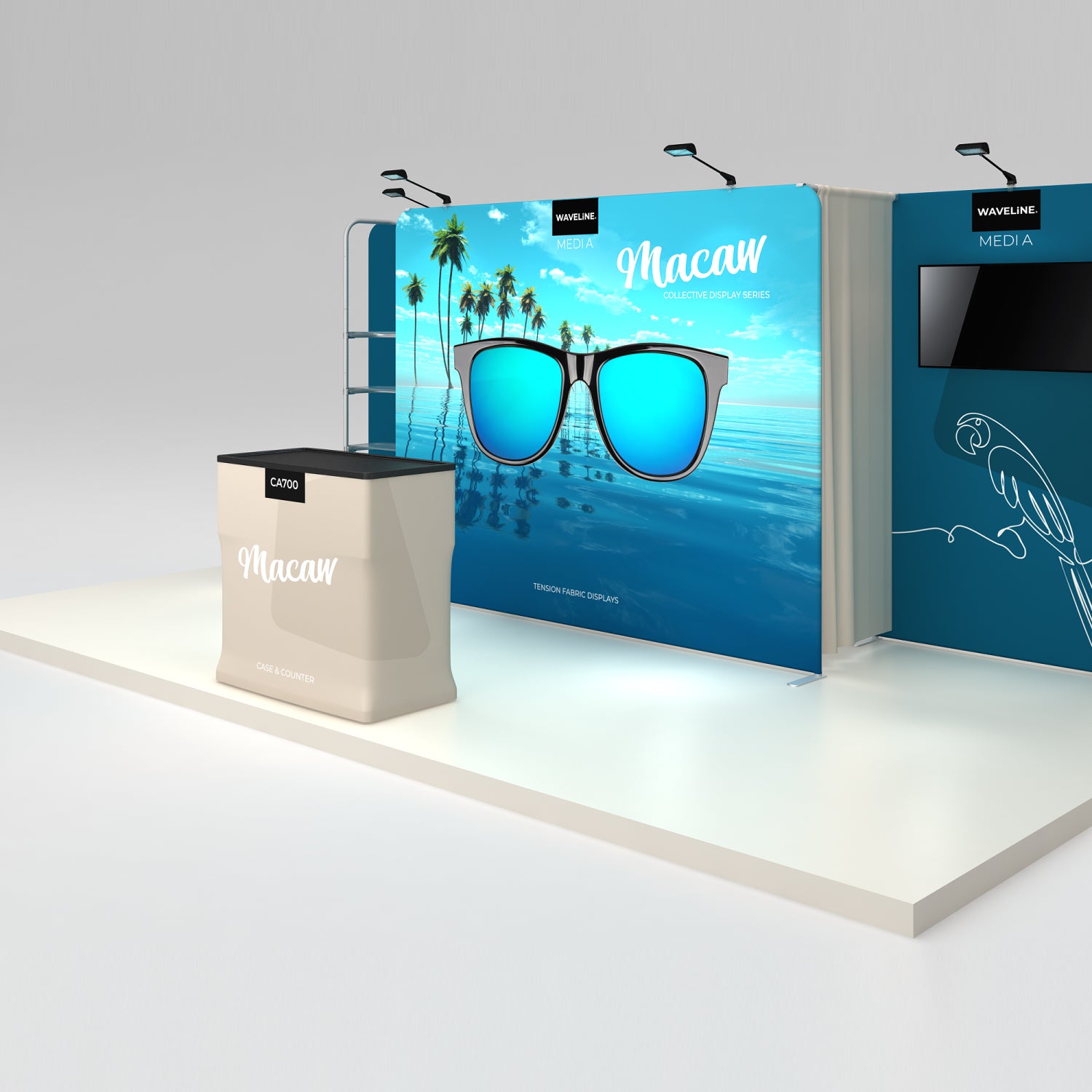 Trade show display with tension fabric backdrop featuring sunglasses and counter for exhibitions