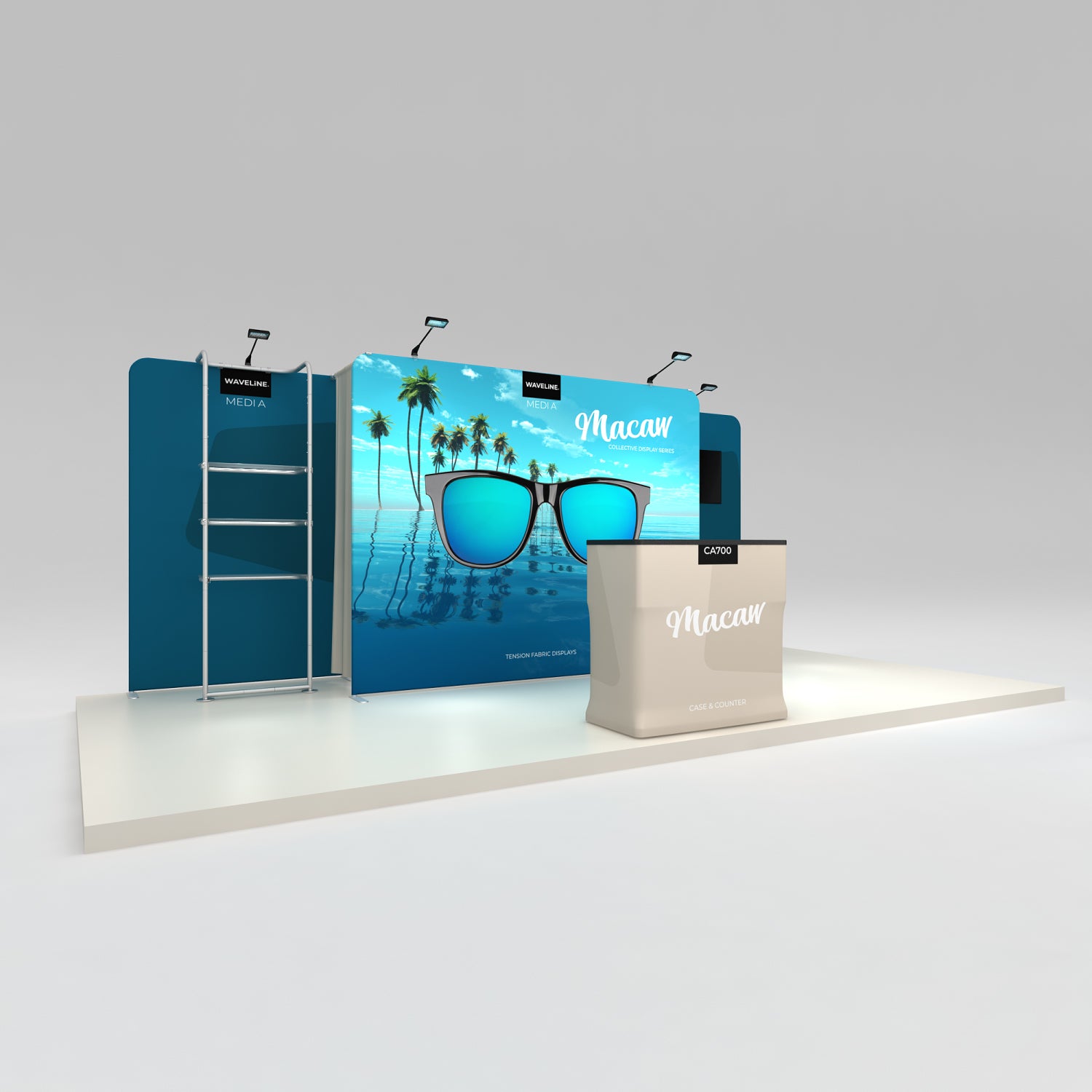 Trade show display featuring tension fabric backdrop and branded case counter for exhibitions and events
