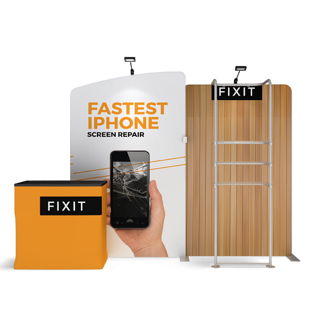 Trade show display with portable counter, branded backdrop, and merchandise rack for repair services