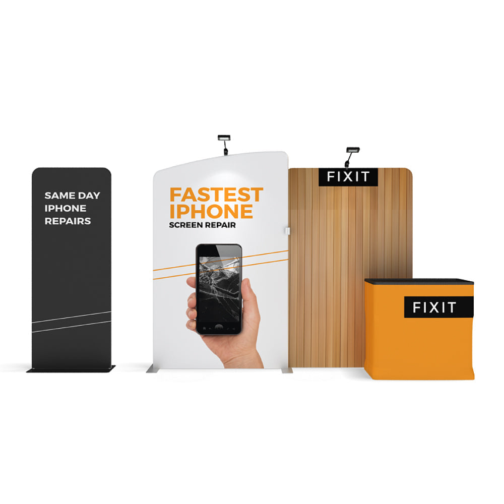 Trade show display setup with custom banners and counter promoting fast iPhone screen repairs