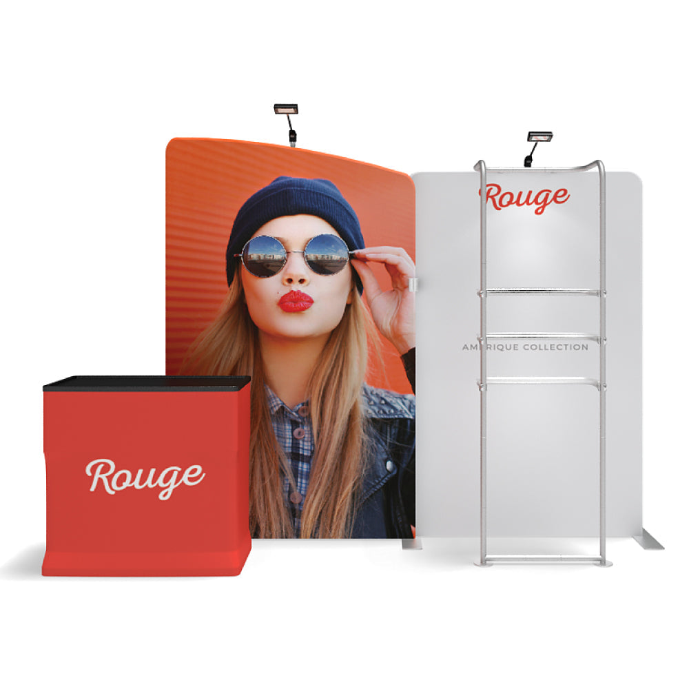 Trade show display kit with large branded backdrop, LED lights, and portable counter for exhibitions