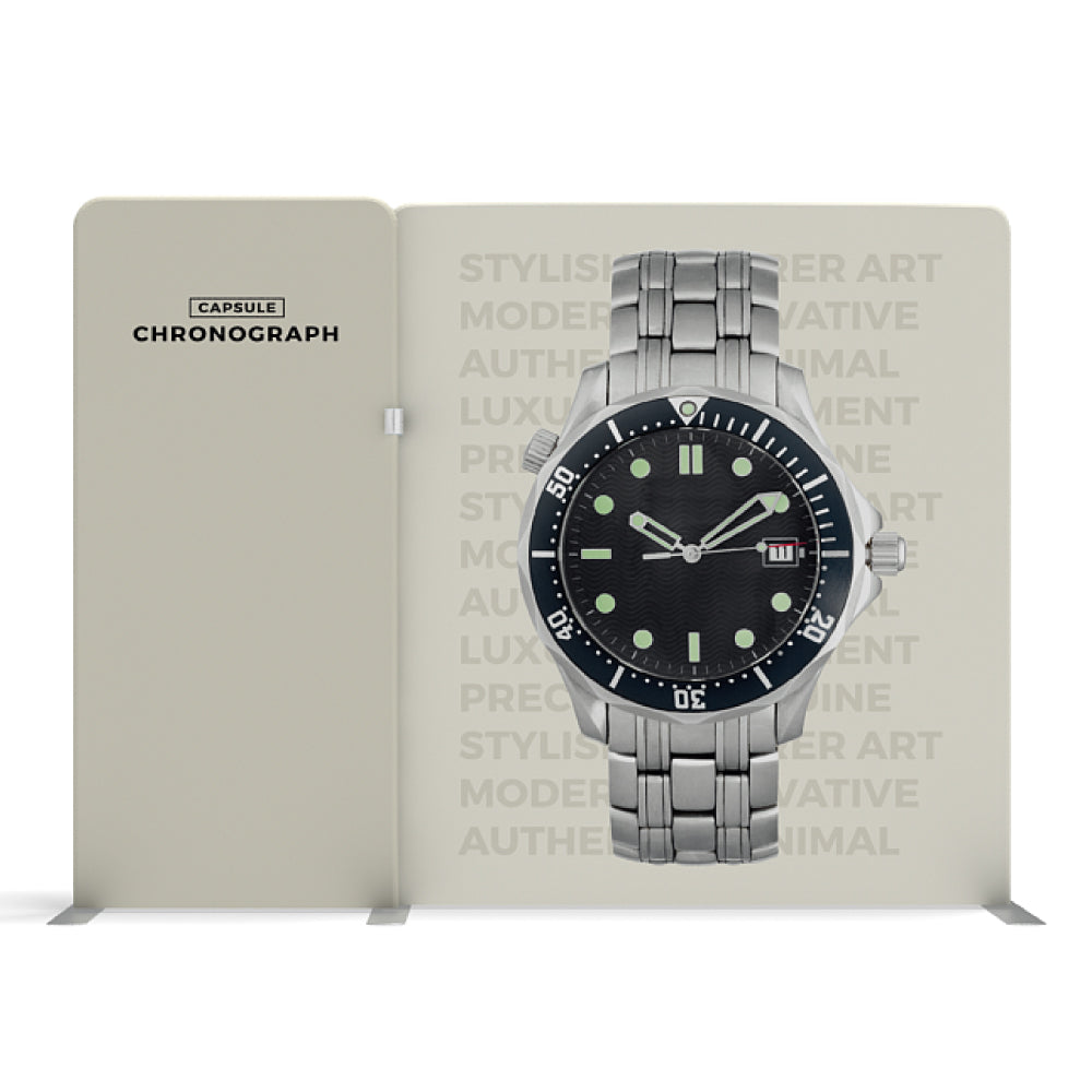 Trade show display with large chronograph watch image showcasing branding for exhibitions and special events