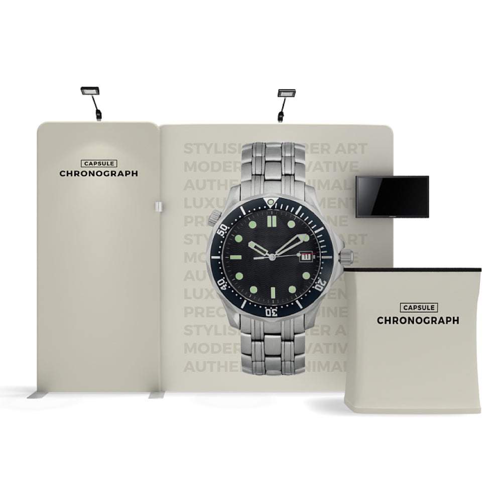 Trade show booth display with large watch image, branded counter, and mounted screen for exhibitions