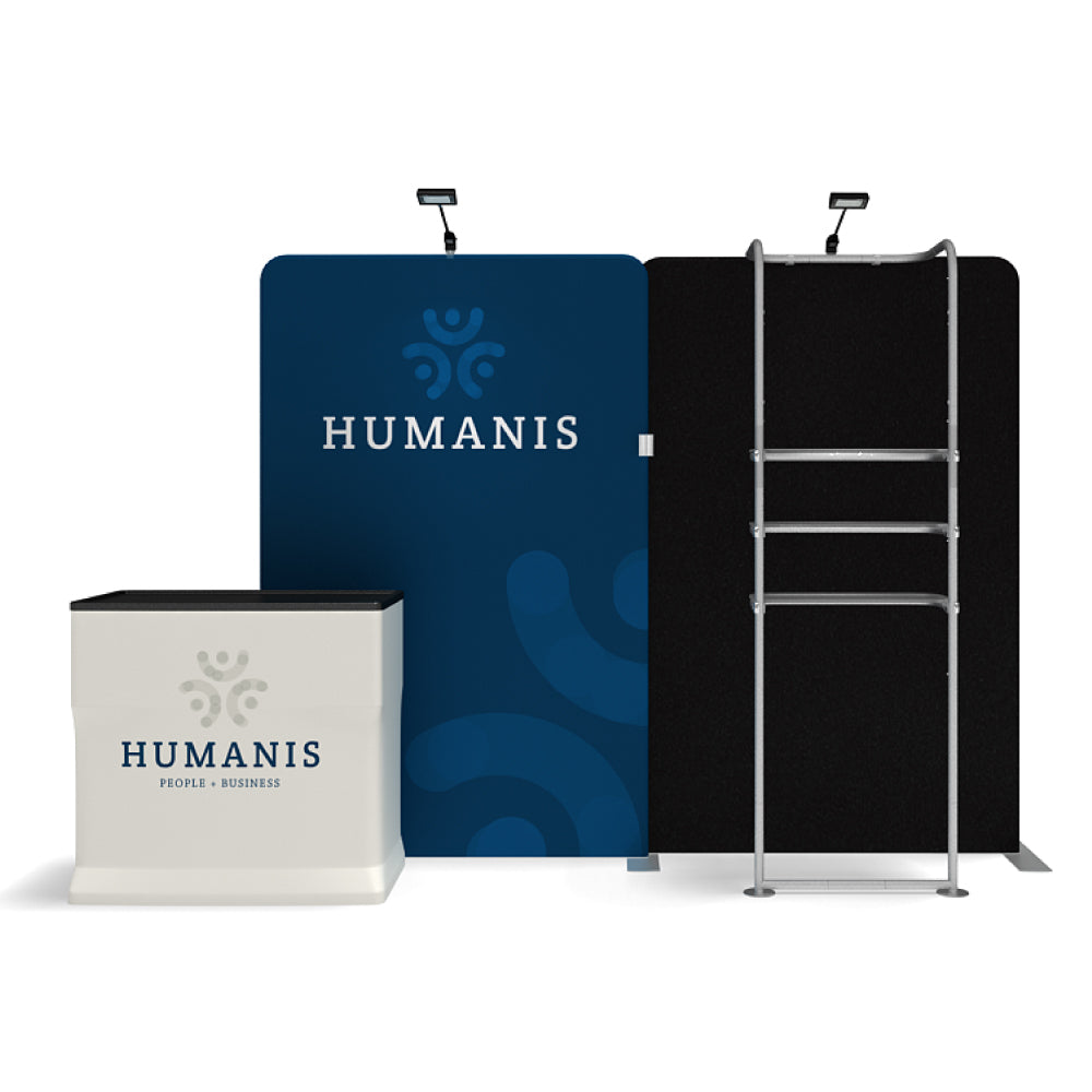 Trade show display booth with branded fabric panels and counter for exhibitions and special events