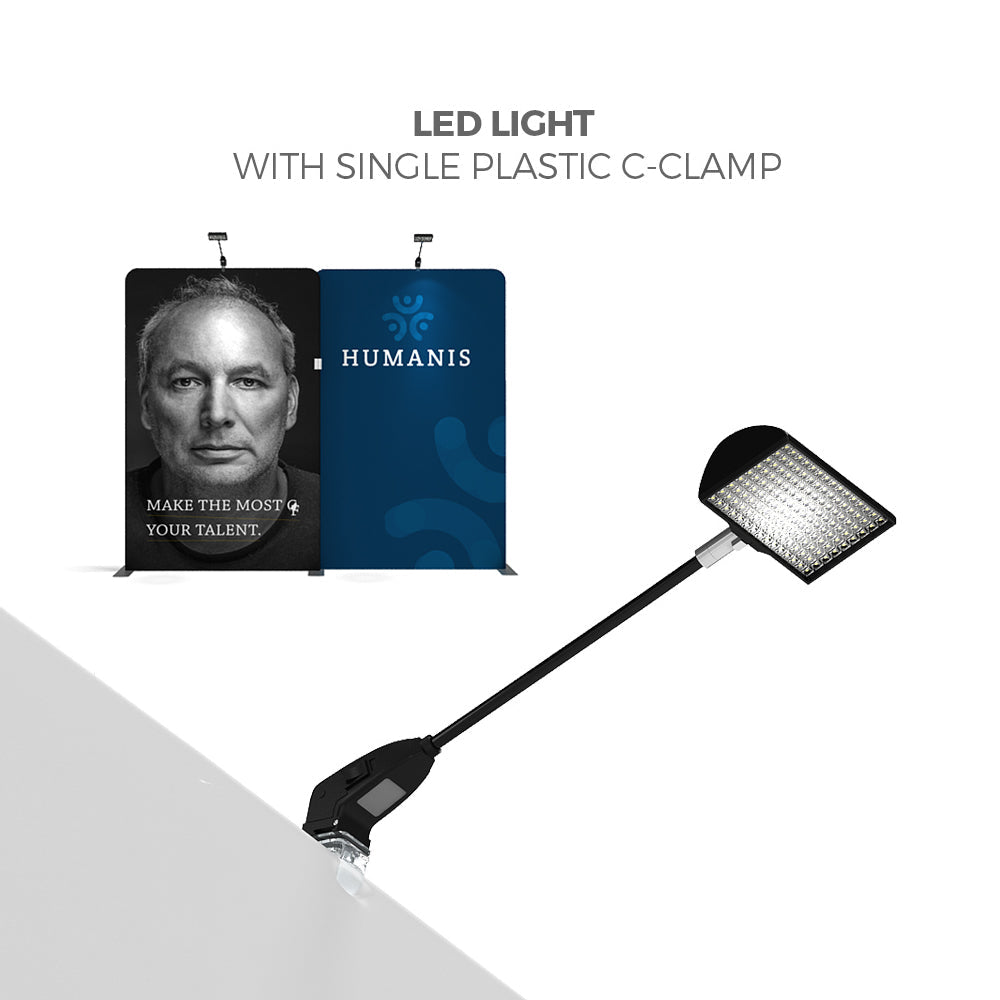 led light with plastic c-clamp illuminating trade show display booth for exhibitions and events