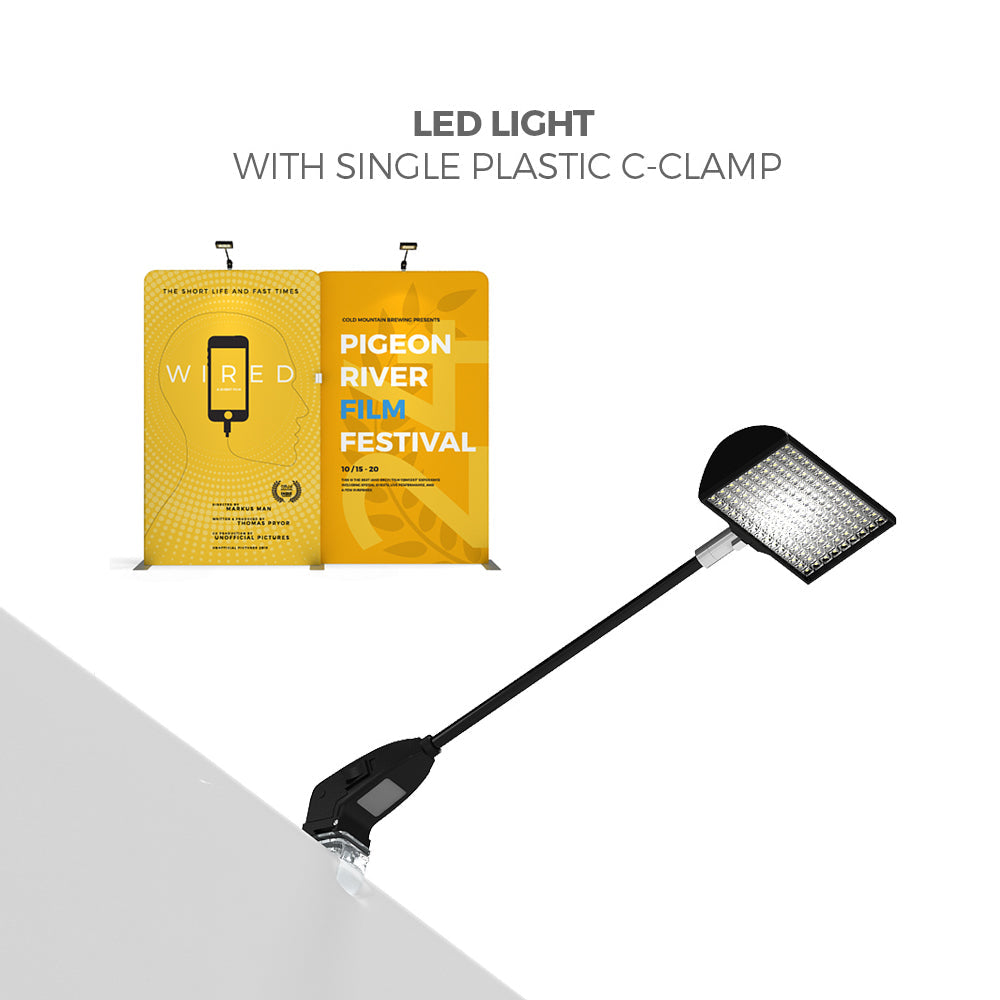 LED light with single plastic C-clamp illuminating trade show display for exhibitions and events