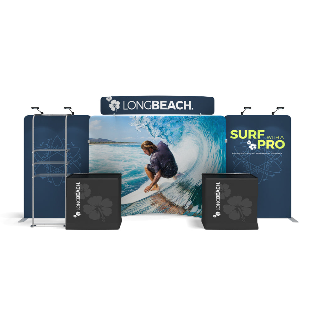 Trade show display booth featuring surfing theme with promotional banners and counters for exhibitions and events