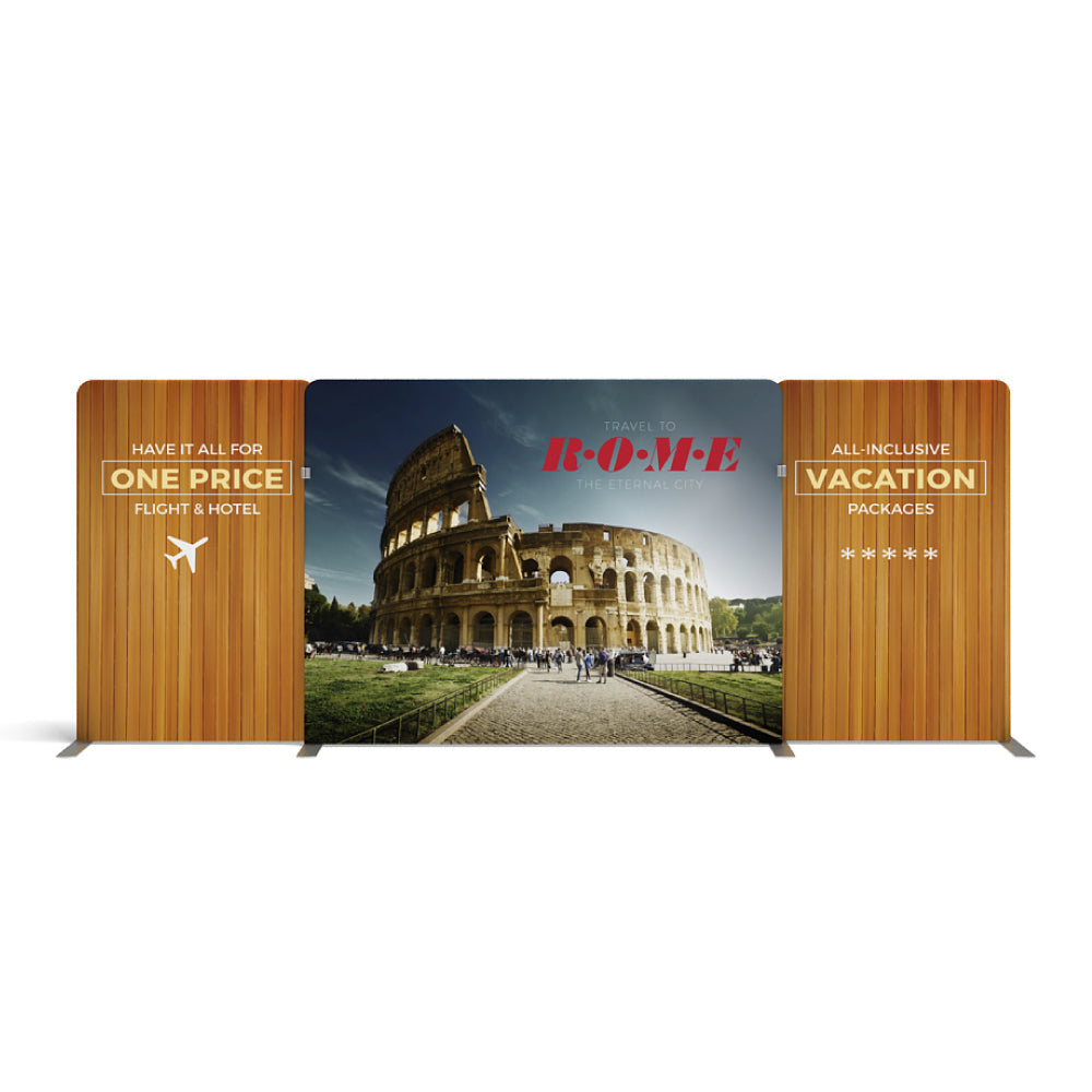 Trade show display featuring Rome travel advertisement with Colosseum image and vacation package text