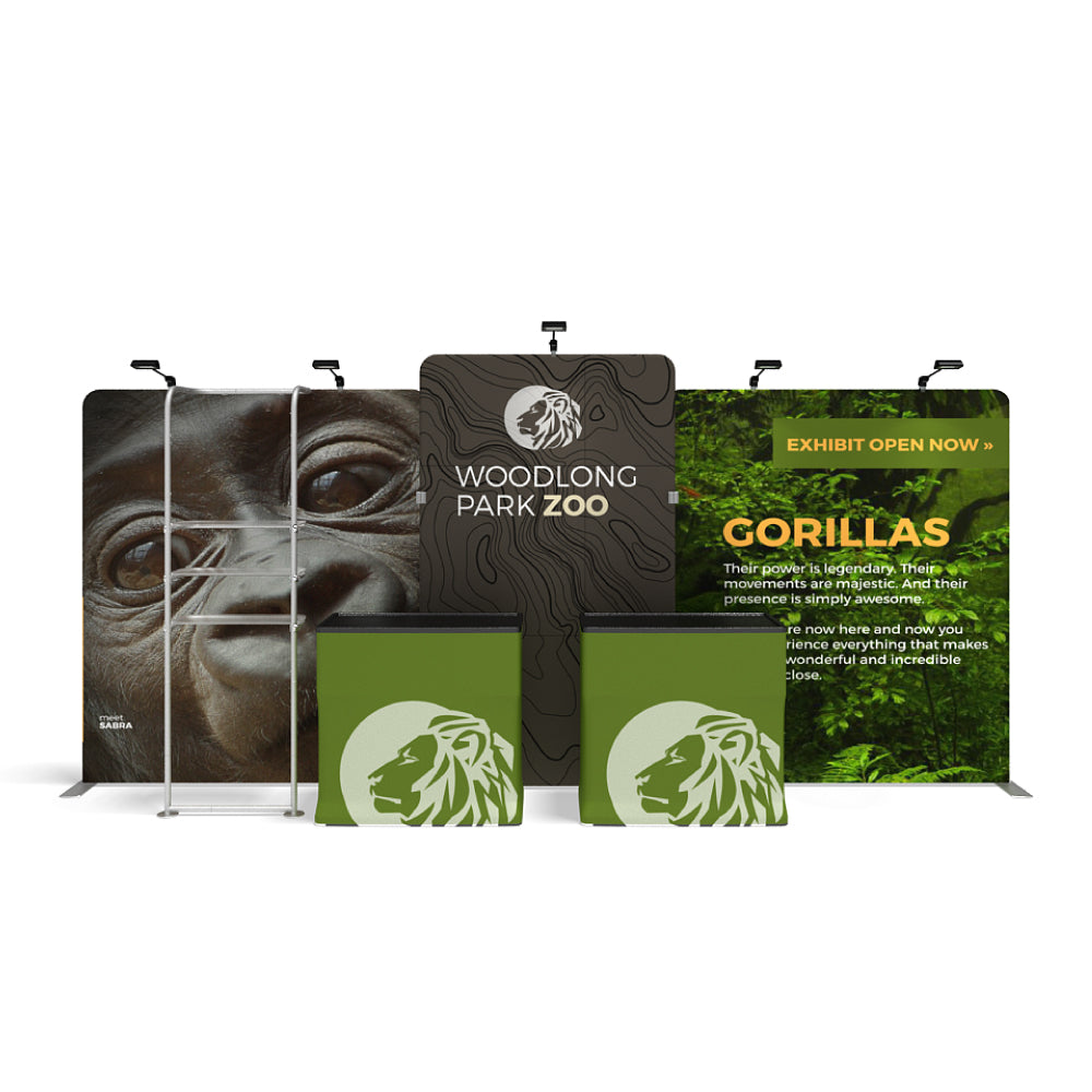 Trade show exhibit displays featuring Woodlong Park Zoo branding with gorilla imagery and promotional text