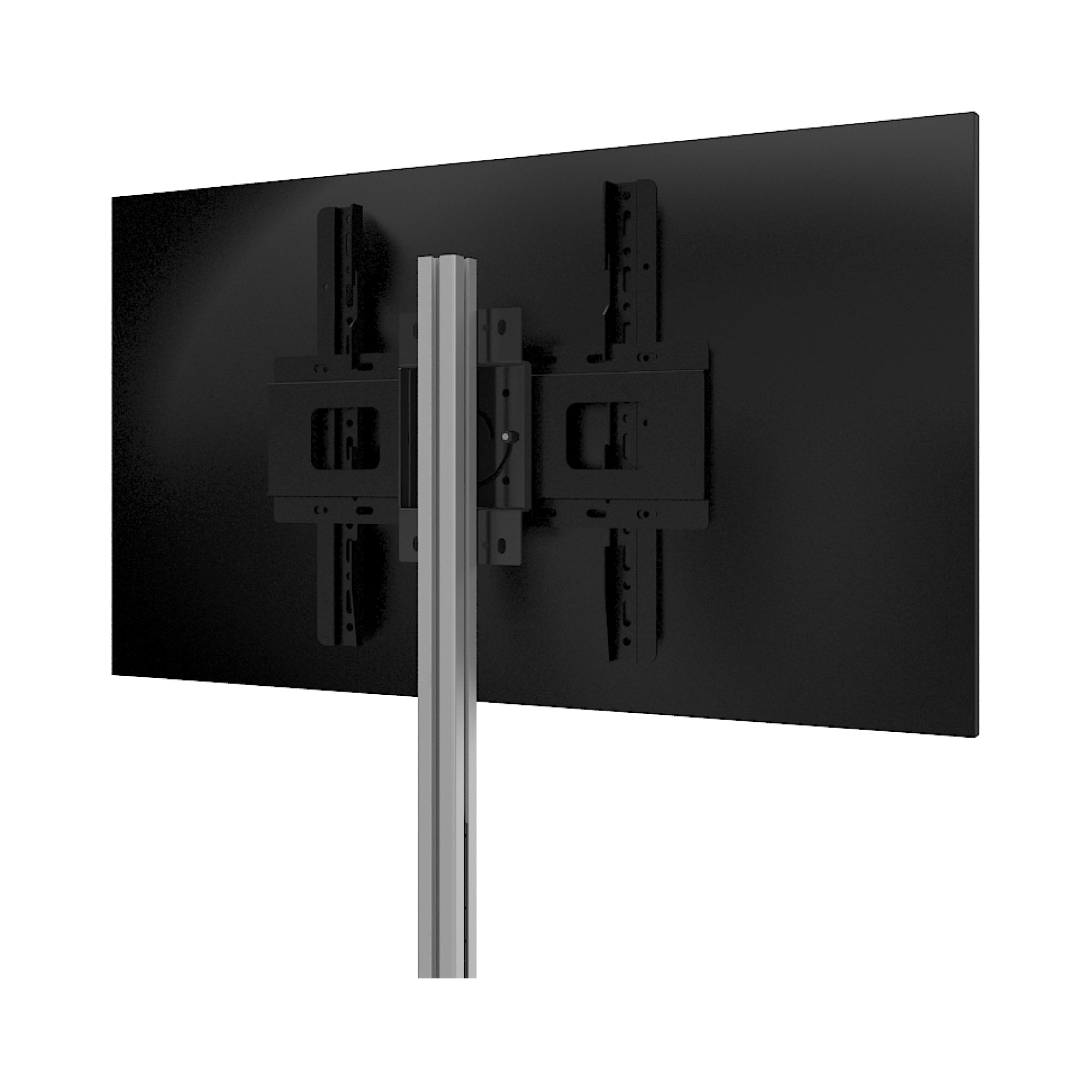 Rear view of TV stand mount with adjustable bracket on vertical support for trade shows and exhibitions